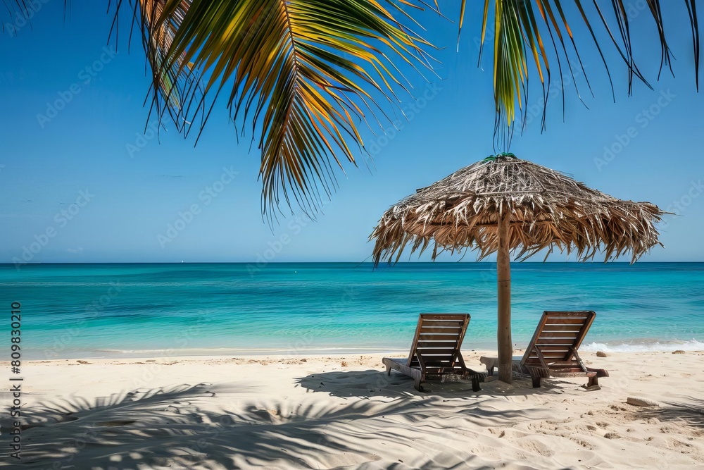 tranquil beach scene with empty chairs under palm leaf parasol inviting tropical getaway soft sand and turquoise sea
