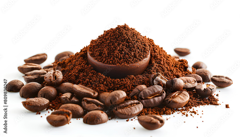 Heap of ground coffee and beans on white background Heap of ground coffee and beans on white background