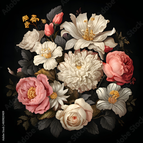 beautiful bouquet of beautiful flowers on black. Floral background. Baroque old fashiones style. Natural pattern wallpaper or greeting card. photo