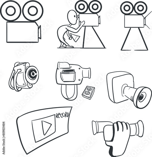 A set of icons on the theme of video shooting, director's path and the film industry.