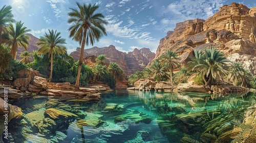 saudi wildlife thrives in the desert  surrounded by towering mountains and crystal - clear waters  under a clear blue sky