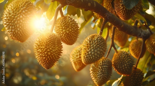 Ripe Mon Thong durians hanging in clusters, awaiting harvest, amidst dense foliage, perfectly illuminated by the morning sun in a Thai orchard photo