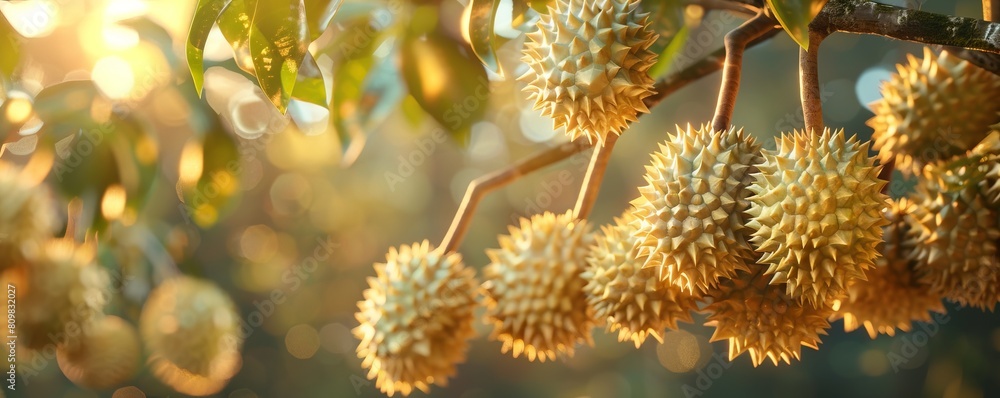 Mon Thong durians ready for picking, beautifully arranged on the tree, with a vibrant, lush green forest background Mon Thong durians ready for picking, beautifully arranged on the tree, with a vibrant, lush green forest background