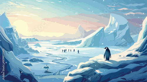 Winter North pole Arctic landscape penguin Vector illustration