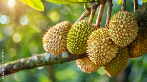Mon Thong durians ready for picking  beautifully arranged on the tree  with a vibrant  lush green forest background