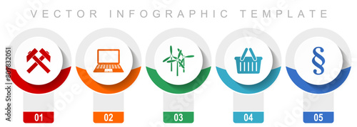 Commerce icon set, miscellaneous vector icons such as mining, laptop, wind turbine, shop basket and law, modern design infographic template, web buttons in 5 color options