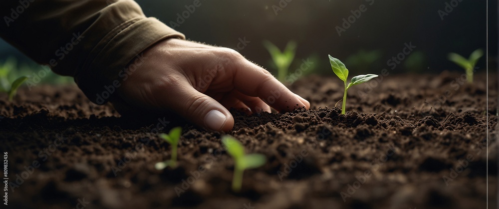 Expert hand of farmer checking soil health before growth a seed of vegetable or plant seedling, Business or ecology concept, analyze complex data sets in real-time, with a digital interface overlaid o Expert hand of farmer checking soil health before growth a seed of vegetable or plant seedling, Business or ecology concept, analyze complex data sets in real-time, with a digital interface overlaid o