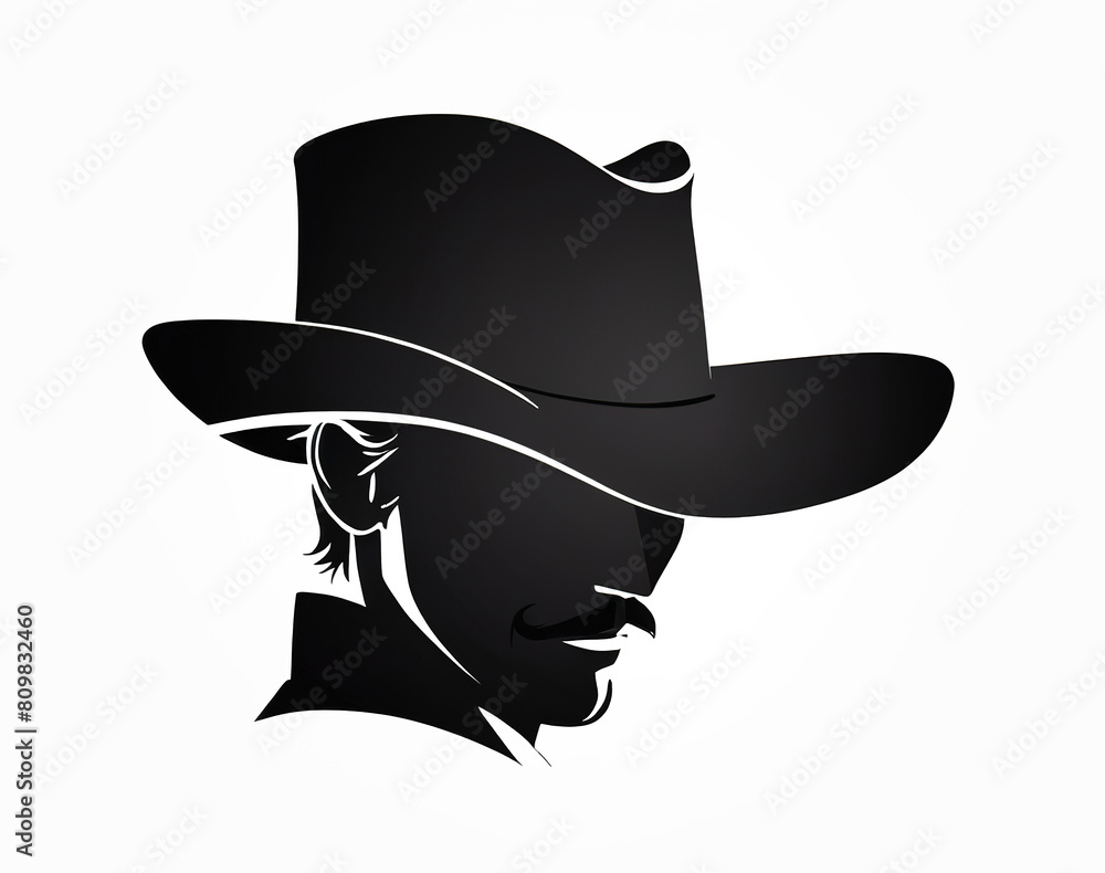 Cowboy silhouette head Face black wearing a hat logoIsolate background Cowboy silhouette head Face black wearing a hat logoIsolate background