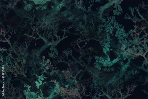 Watercolor coral and seaweed  in soothing shades of blue and green on black background seamless pattern