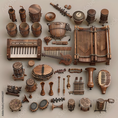 A fantastic array of musical instruments, ready to create harmonious melodies, model isolated on solid background photo