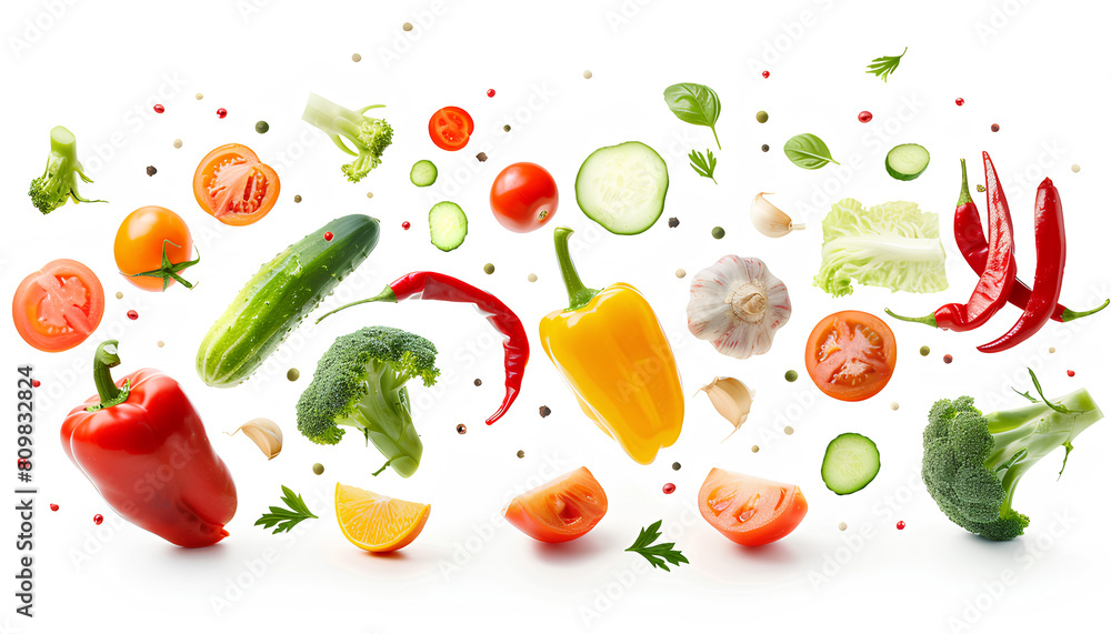 Many different fresh vegetables falling on white background Many different fresh vegetables falling on white background