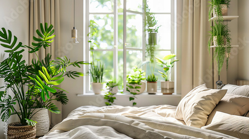Modern Home Interior with Lush Green Plants on Windowsill, Bright and Stylish Living Space with Natural Decor