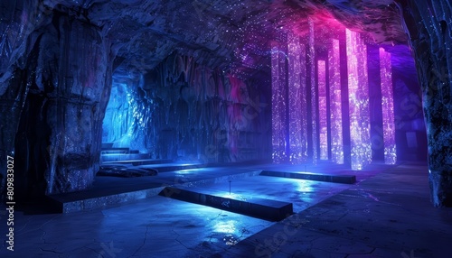 A hidden cave  illuminated by laser lights  serves as a secret venue for exclusive holographic symphonies