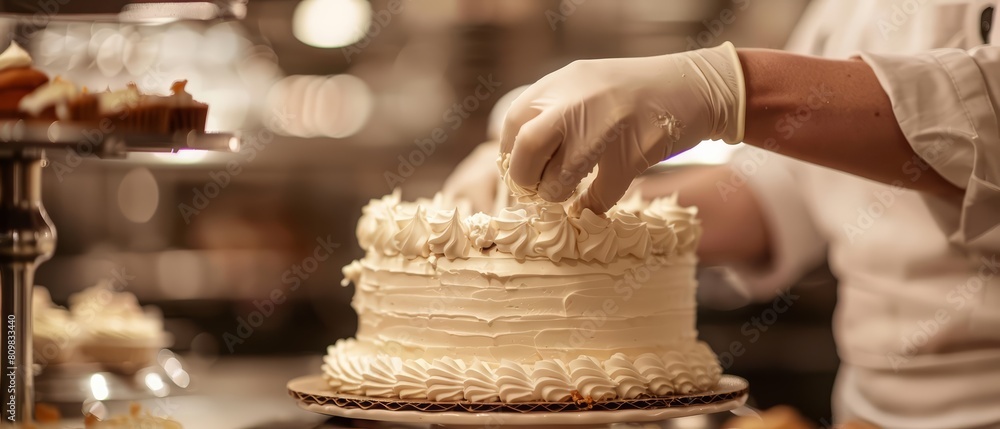 Closeup of a pastry chef decorating a cake in a bakery, perfect for culinary ads with room for text Closeup of a pastry chef decorating a cake in a bakery, perfect for culinary ads with room for text