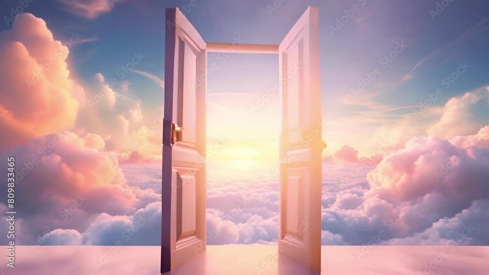 Open doorway leading to a stunning cloud-filled sunset sky. Surreal entrance floating amidst fluffy clouds. Concept of opportunity, new beginnings, mystical journey, escape, dreamscape. Motion Open doorway leading to a stunning cloud-filled sunset sky. Surreal entrance floating amidst fluffy clouds. Concept of opportunity, new beginnings, mystical journey, escape, dreamscape. Motion