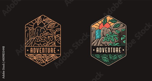 Emblem rainforest and waterfall adventure logo icon vector template on black background