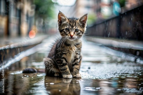 A stray animal. A wet, sad, abandoned, hungry kitten is sitting in a puddle in the rain. Shelter, rescue, help charity, donations for homeless animals.