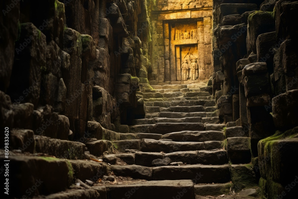 Obraz premium Mysterious Ancient old stairs tomb. Structure light. Generate Ai