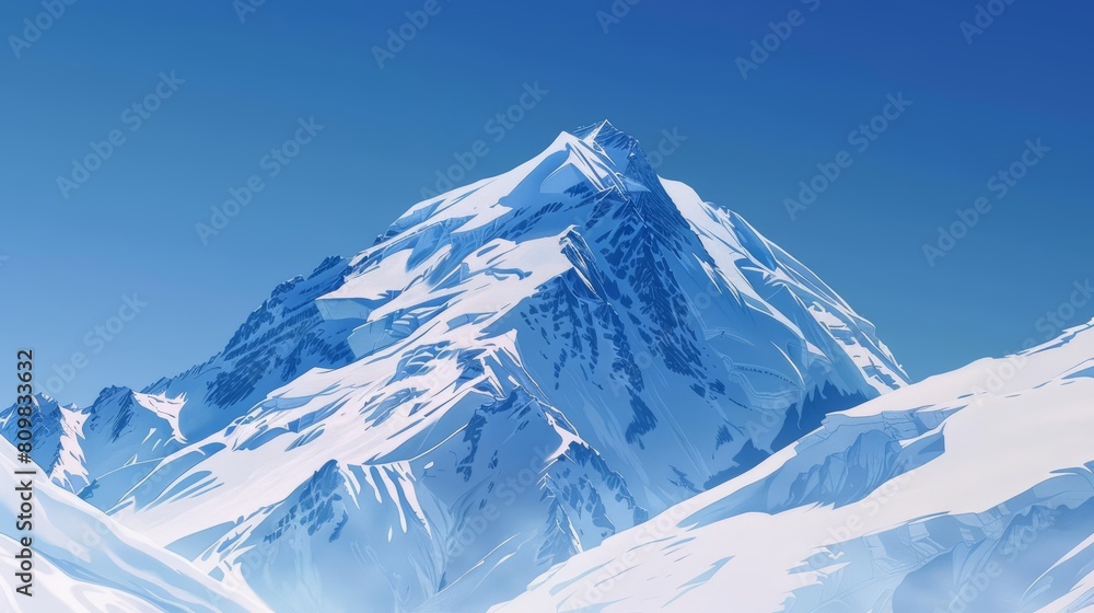 A snowcovered mountain peak under a clear blue sky, depicted in a realistic style with a lower third reserved for captions