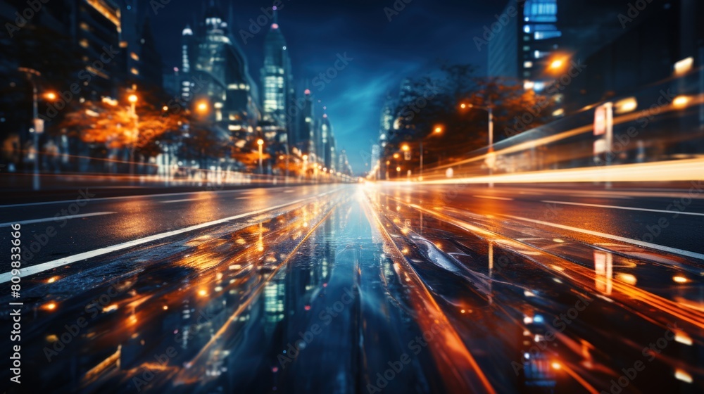 Dynamic Urban Scene: Light Trails and City Skyline at Night with Motion Blur