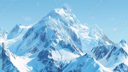 A snowcovered mountain peak under a clear blue sky, depicted in a realistic style with a lower third reserved for captions photo
