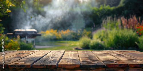 Empty wooden table in foreground with barbecue grill and lush garden in background