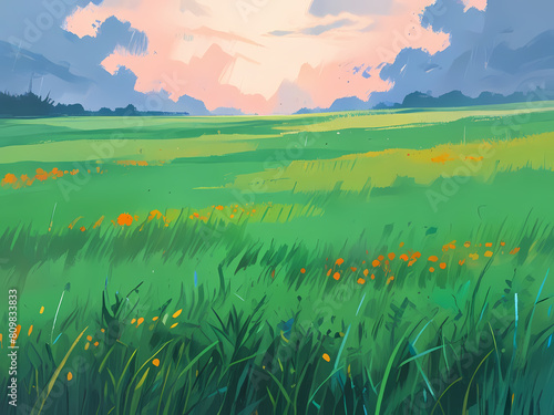 Anime style evening landscape painting of lush meadow grass field with colorful vibrant green grass