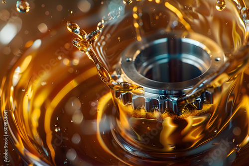Close-up view of a metal bearing with dynamic oil splashes, symbolizing machinery lubrication and maintenance. © Prasanth