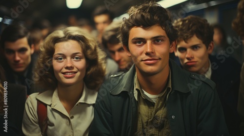 Vintage Style Photography of Young People inside a Crowded Train