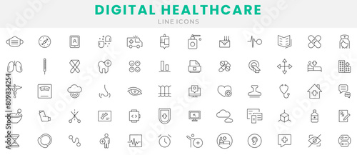 Digital healthcare medicale icon set. Healthcare, medical, medicine, check up, doctor, dentistry, pharmacy, lab, scientific discovery icons collection. Outline icon collection. Thin outline icons pack