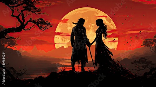 Silhouette of Samurai Warrior and Geisha Against Luminous Full Moon and Red Sunset