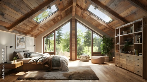 Vaulted ceiling with skylights in farmhouse. Interior design of modern rustic bedroom photo