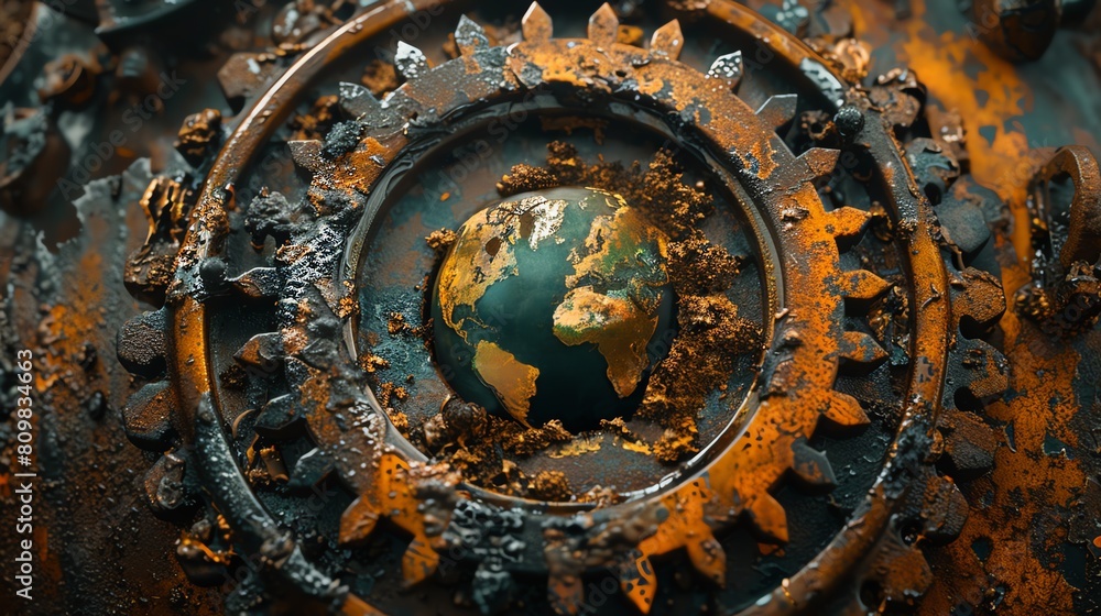A beautiful steampunk world globe made of metal and gears.