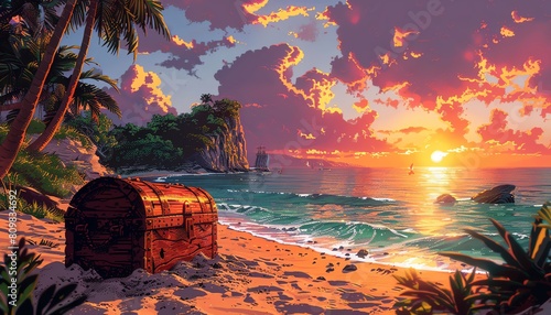 Imagine a heart-racing close-up view of a mysterious treasure chest half-buried in the sand on a deserted island, rendered in vibrant pixel art style photo