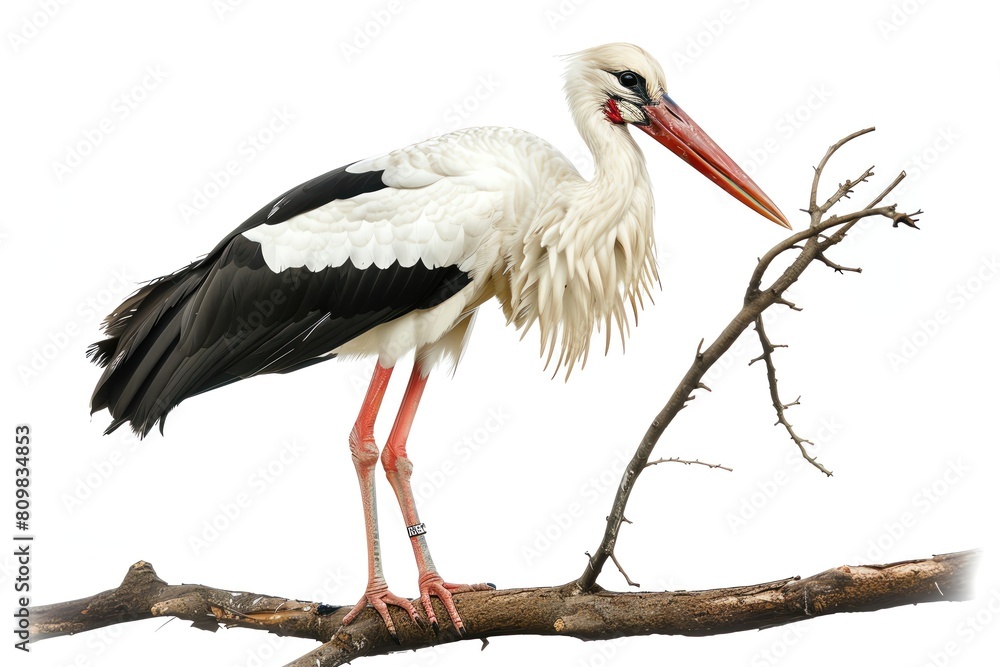 Fototapeta premium A stork with a twig in its beak for nesting, isolated on a white background