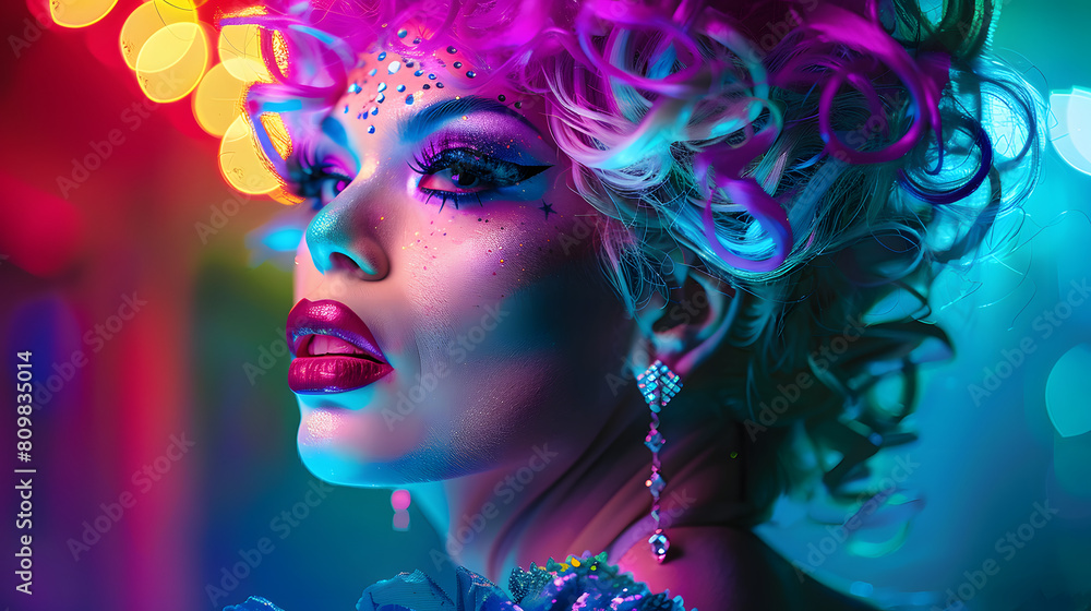 an elegant drag queen in colorful makeup and wigs, posing on stage with dramatic lighting and colorful backdrops