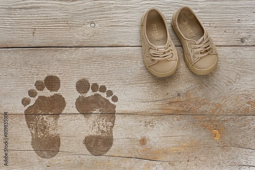 AI generated illustration of beige baby shoes on a wooden floor