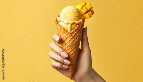 マンゴーのアイスクリームを手で持つ photo