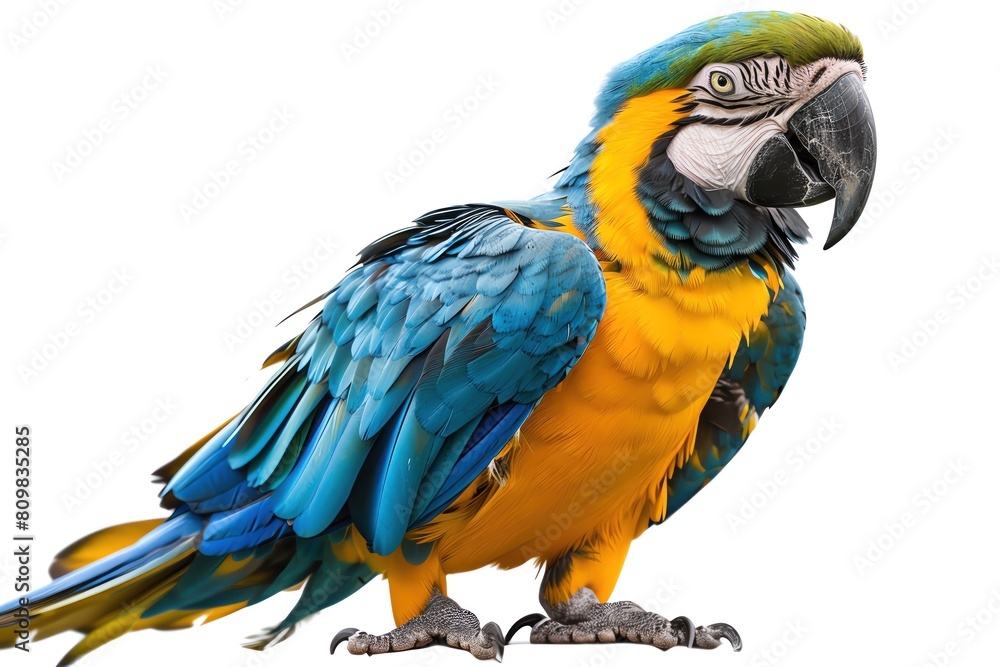 Fototapeta premium A macaw with bright blue and yellow feathers, squawking, isolated on white