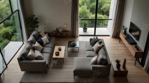 Top view of a cozy living room with a sectional sofa.generative.ai
