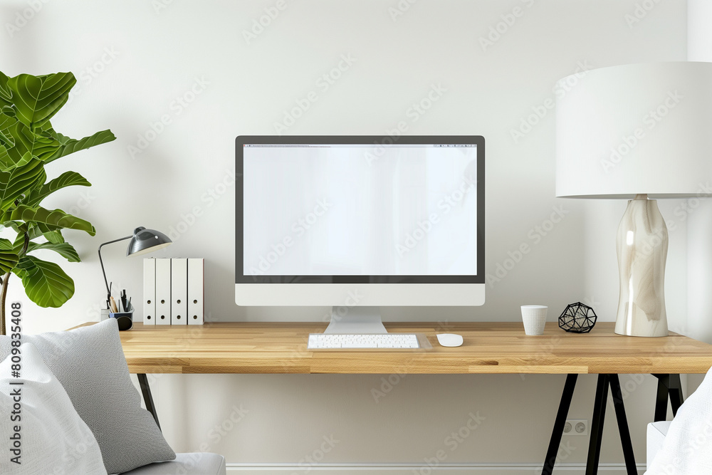 Against a backdrop of modern elegance, a wooden desk in a white-themed living room displays an empty computer mockup, inviting viewers to envision their own content on the pristine