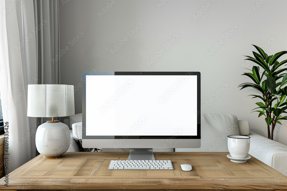 In a contemporary white living room, a wooden desk features an empty computer mockup with a blank white screen, perfect for showcasing your digital product or service. Commercial p In a contemporary white living room, a wooden desk features an empty computer mockup with a blank white screen, perfect for showcasing your digital product or service. Commercial p