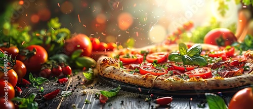 Close up of a delectable pizza with tomato, mozzarella, olives, and mushrooms with blurry space for an advertisement, Generative AI.