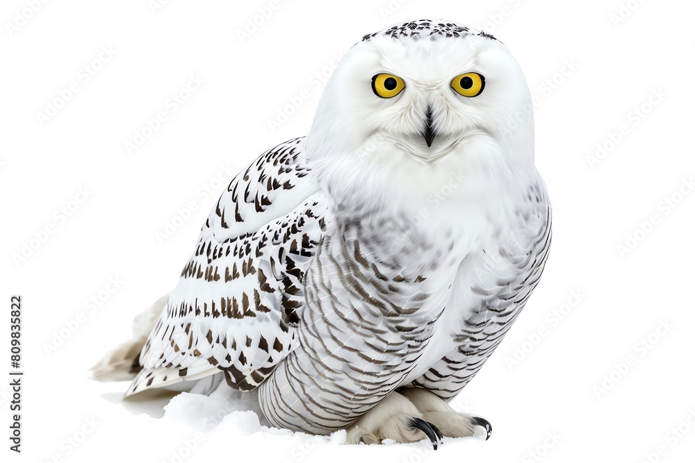 A snowy owl with piercing eyes, sitting, isolated on a white background A snowy owl with piercing eyes, sitting, isolated on a white background
