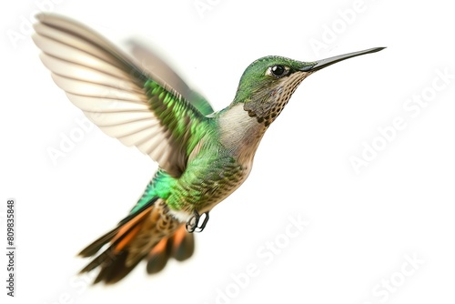 A hummingbird midflight, wings blurred, isolated on white photo