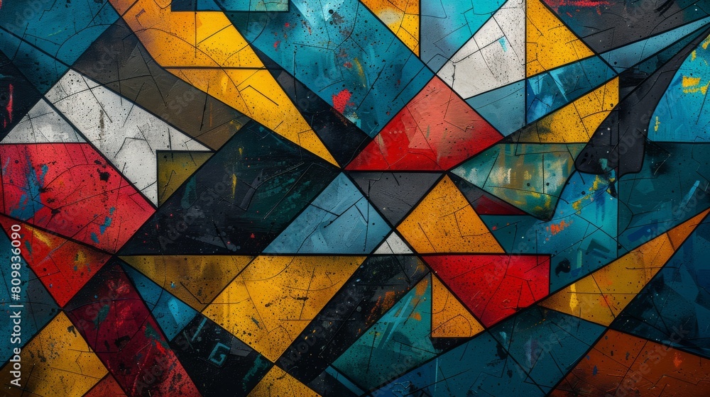 Geometric shapes intersecting in a chaotic pattern.