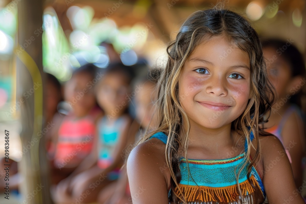 Portrait of a cheerful girl smiling at the camera with a blurred cultural gathering in the background Portrait of a cheerful girl smiling at the camera with a blurred cultural gathering in the background