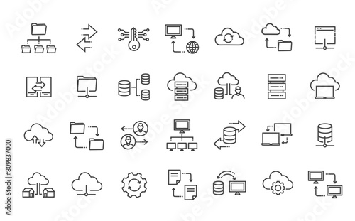 Data exchange icons. Data transfer and Network connection thin line icons. Online hosting service