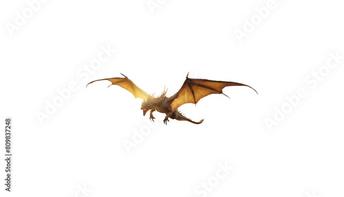 Golden yellow dragon in flight. Isolated transparent background PNG. Mythological winged beast flying. Attack pose. Majestic dragon with long wings in flight. Fierce expression. Sharp teeth.