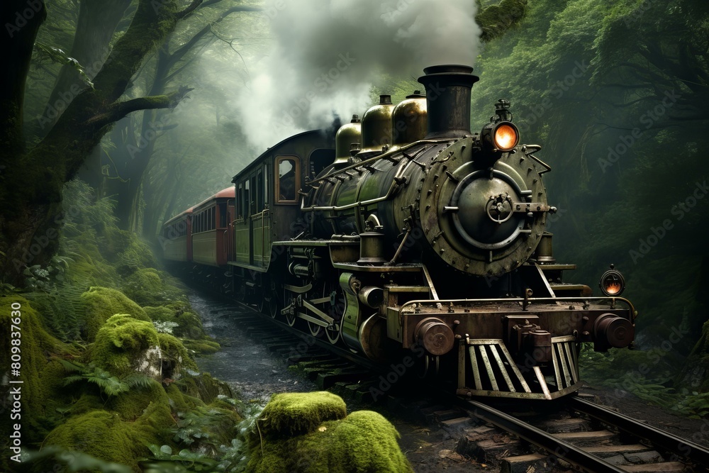 Obraz premium Old-fashioned steam locomotive travels on railroad in a foggy, moss-covered woodland